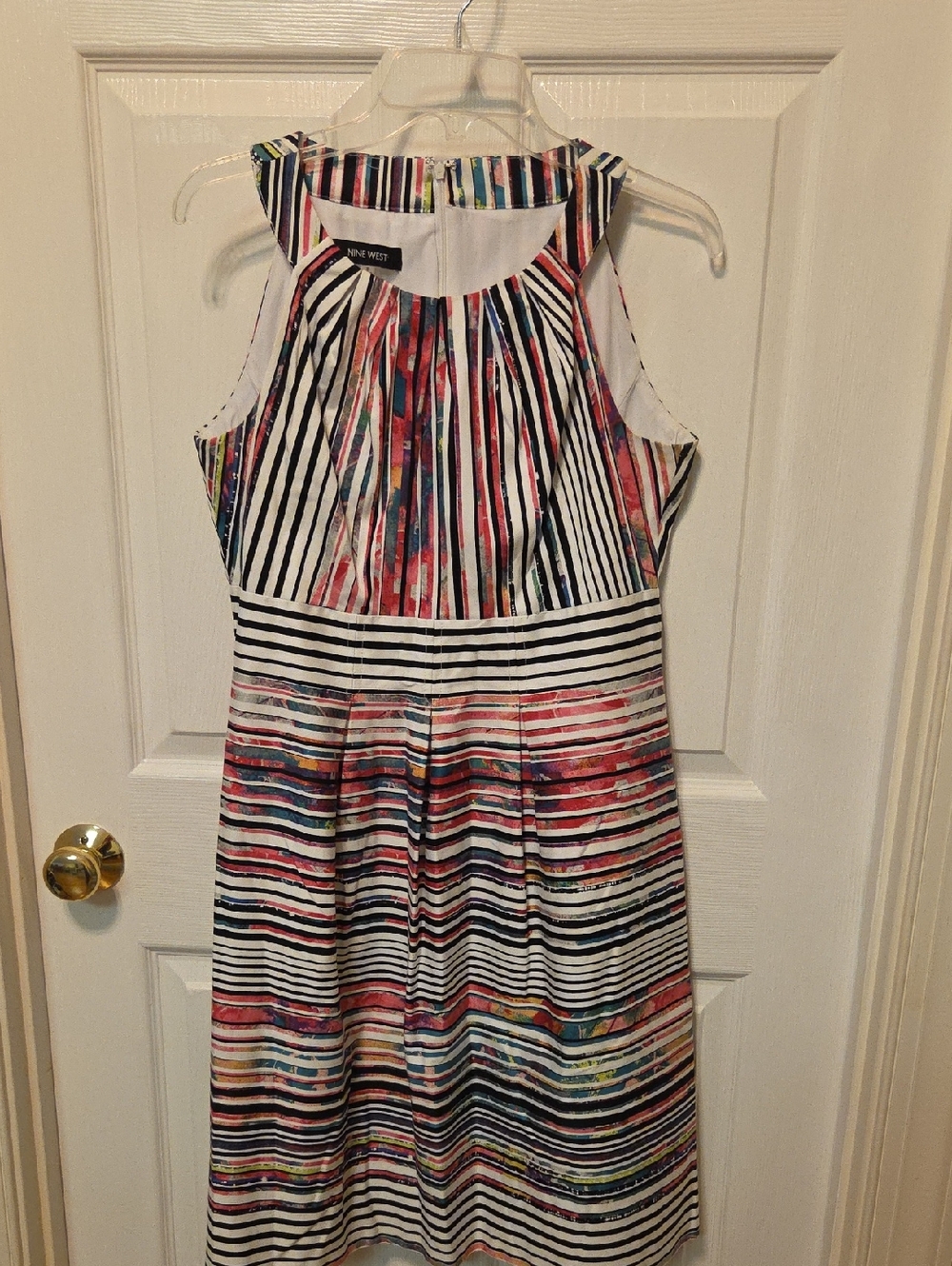 Nine West White Multicolor Striped Fit-and-Flare Dress